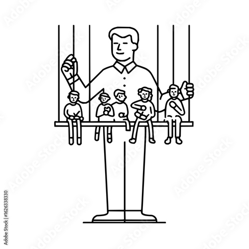 Illustration of puppet master controlling people concept leadership control manipulation power influence authority