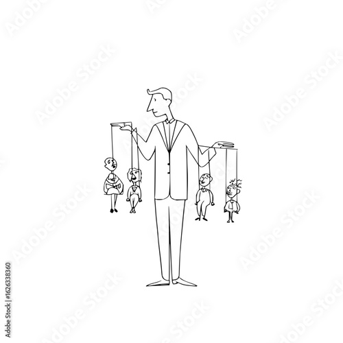 Man puppet master controlling puppets manipulation business leadership control power influence authority game concept 100