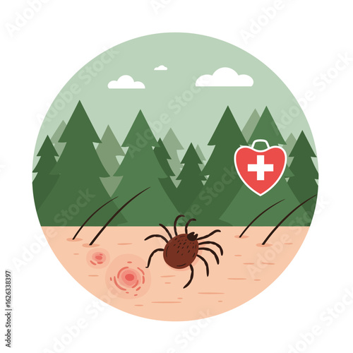 Dealing with Ticks in a Forested Area, Tick Bite and First Aid Awareness Illustration for Outdoor Safety and Health