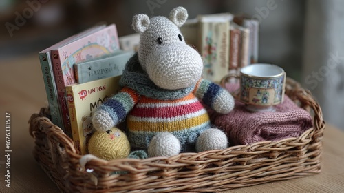 Cozy knitted hippo and books in wicker basket on wooden table