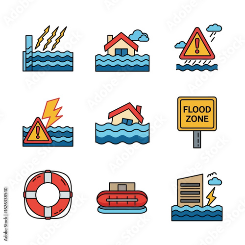 Flood disaster safety icons illustration,  Precautions and safety measures during floods concept icons illustration