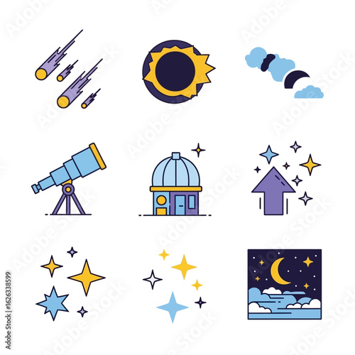 Set of Astrological Symbols and Items Depicting Outer Space and the Night Sky, Collection of Colorful Vector Graphics Related to Astronomy and Astrophysics
