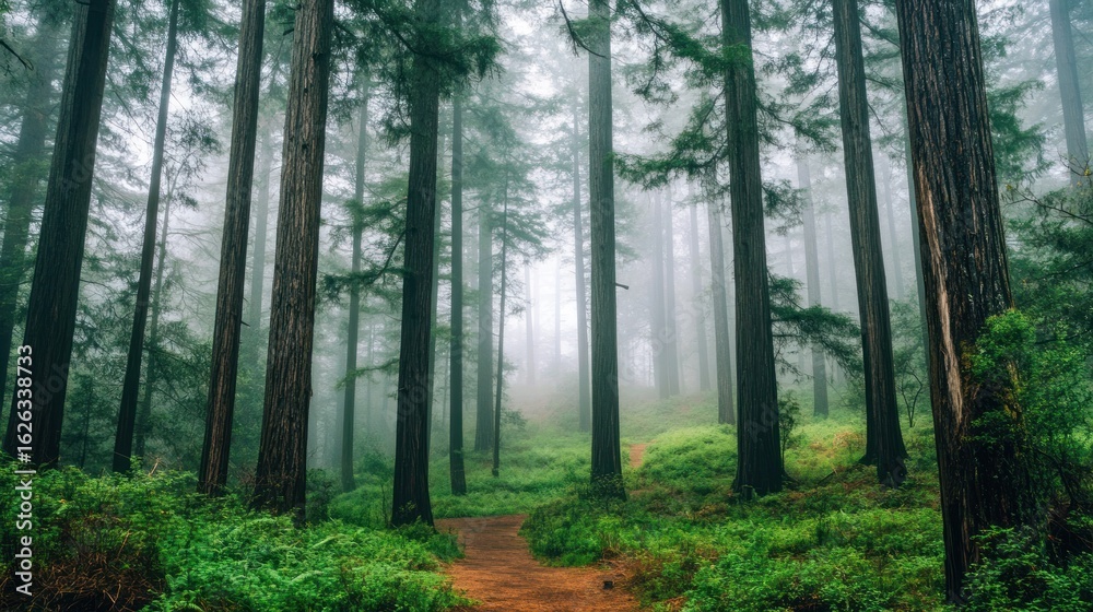 Obraz premium Misty forest path, tall trees