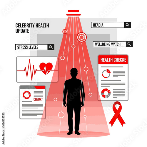 Celebrity health updates and monitoring with search bars on health topics, Health check with information graphs and celebrity silhouette, with wellbeing concerns