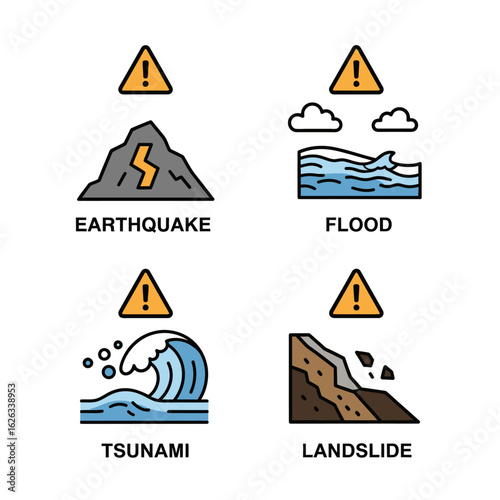 Infographic of natural disasters, featuring earthquakes and floods, Natural disaster warnings depicted in a simple, clear vector graphic