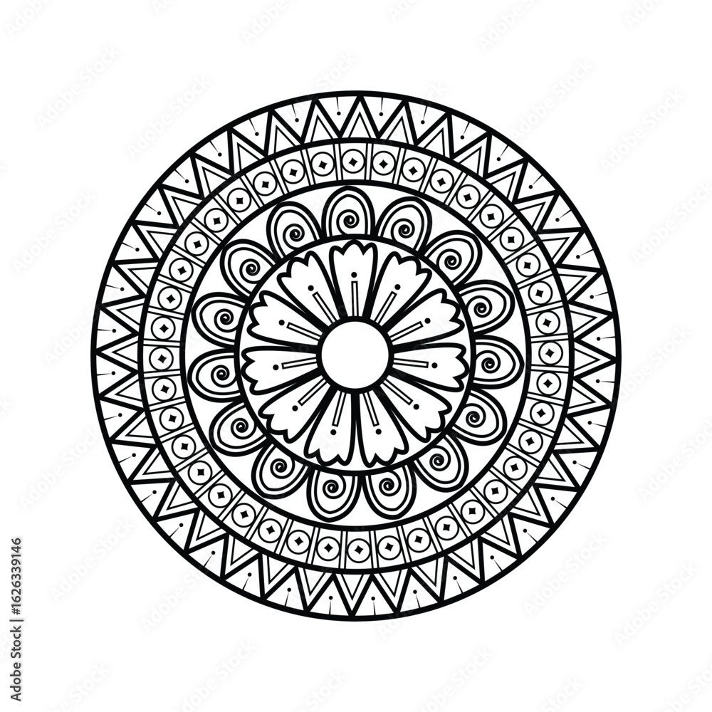 Obraz premium Black and White Mandala Vector Illustration | Intricate Geometric Pattern | Zentangle Inspired Design. 