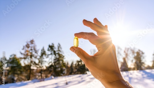 Hand Holding a Golden Vitamin D Capsule Against Sunlight, with a Winter Background and Warm Sun Rays – Health Supplement for Immunity, Frosty Nature Scene, Wellness, Energy, and Natural Vitality Boost