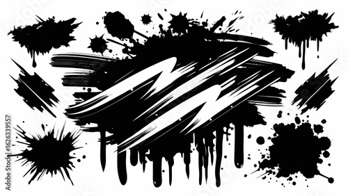 Vector art of dynamic collection of black ink brush strokes, splatters, and drips isolated on white background for edgy artistic projects