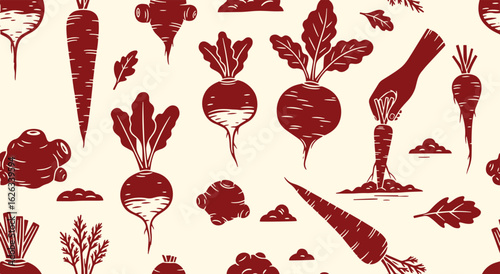 Root Vegetable Seamless Pattern Vector. Red Silhouette Background of Carrots, Beets, and Radishes. Minimalist Linocut Style Illustration for Fabric, Print, and Healthy Food Design.