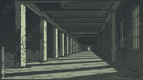 Dark empty hallway in an abandoned building with a hint of light