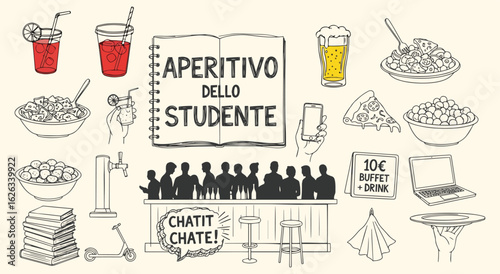 "Aperitivo dello Studente" Vector Illustration Set. Hand Drawn Sketch of a Student Aperitif with a Buffet, Drinks, and Friends for Bar, Menu, and Party Design. Italian Student Life.