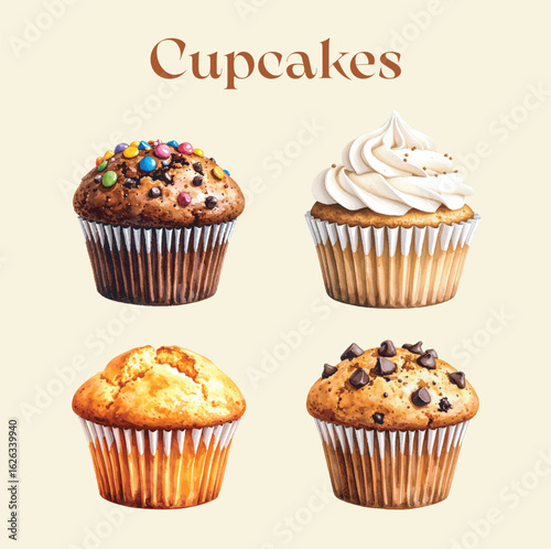 A watercolour illustration of four cupcakes or muffins with chocolate, vanilla, frosting, sprinkles, and chocolate chips. Scalable. Isolated.. 