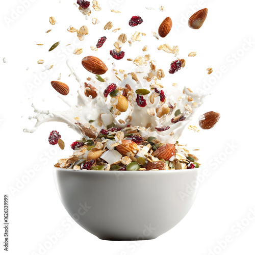 crispy muesli pieces dropping into ceramic bowl

