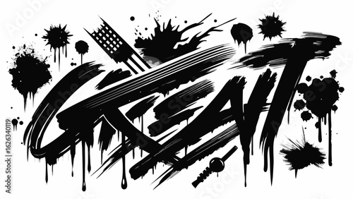 Vector art of graffiti art with spray paint brush strokes, ink splashes, and drips, isolated on white background