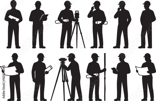 Construction Workers Silhouette Vector Set with Builders and Engineers in Different Poses