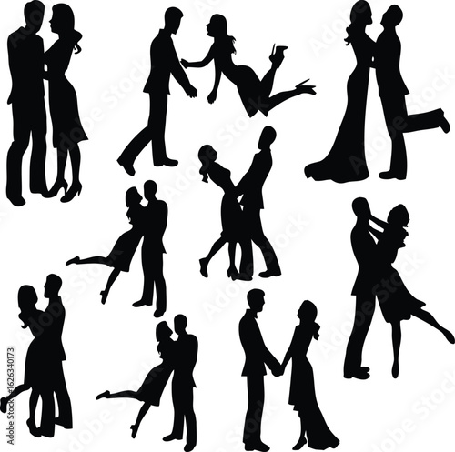 Silhouettes of couples dancing romantically in various poses against a white background