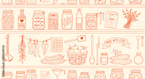 Pantry Shelves Seamless Pattern Vector. Orange Line Art Background of Preserves, Pickles, and Jars. Hand Drawn Kitchen Illustration for Fabric, Print, and Wallpaper Design. Canning.