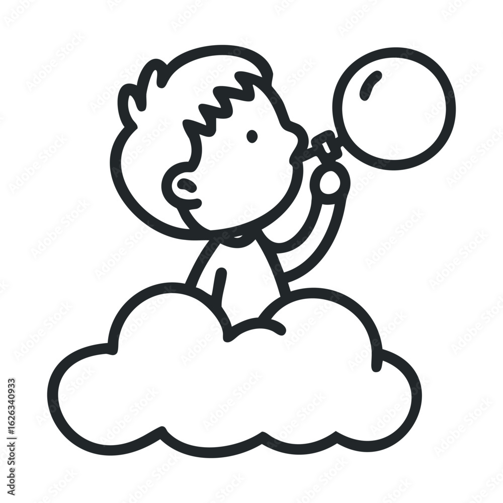 Fototapeta premium Child blowing bubble in clouds for dreamlike moment