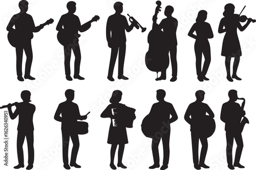 Musician Silhouette Vector Set of people playing guitar, trumpet, violin, drum, and saxophone on white background