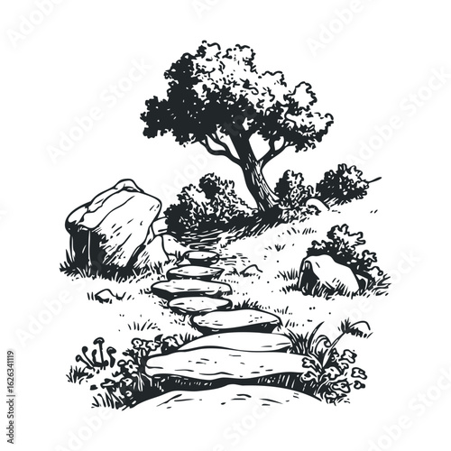 Serene path through nature with stones and trees for relaxation