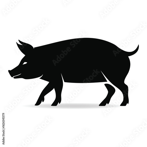A Silhouette of a Pig Walking Across a White Background with a Shadow