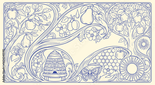 Art Nouveau Garden Vector Illustration. Blue Line Art Frame with Fruit Trees, a Beehive, and a Honeycomb. Vintage Decorative Botanical Design with Apples, Pears, and Flowers. Ornate.
