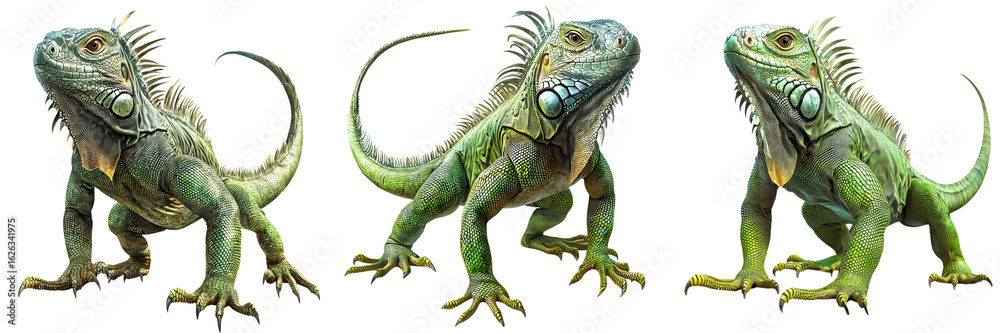 Obraz premium Set of three detailed green iguanas in various poses, isolated on transparent background. Perfect for reptile graphics or animal design. 