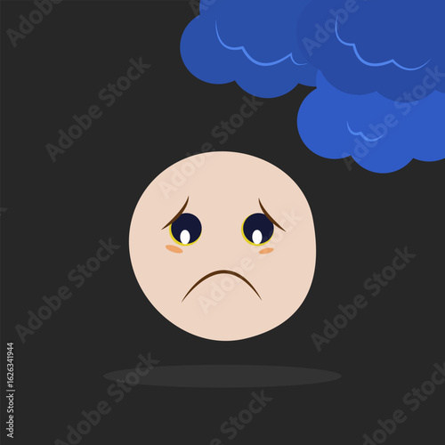 Sorrowful face with blue cloud representing sadness, emotional expression in digital art style