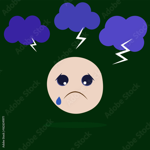 Emotional expression of sadness portrayed through a cartoon face under dark clouds and lightning