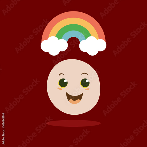 Cheerful smiley face with rainbow above and clouds in a vibrant setting