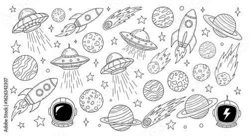 Vector Line Art Space Rocket UFO Planets Star SVG Illustration in Minimalist Flat Style for Digital Design