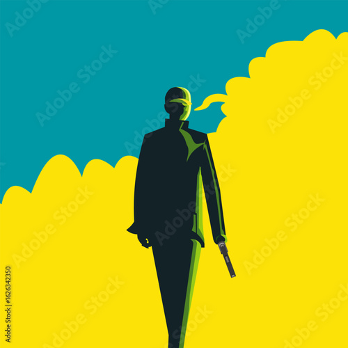 Silhouetted figure walks confidently with a weapon in a vibrant urban landscape at dusk