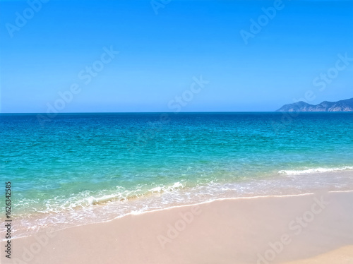 Famous paradise beach in Troia near Lisbon in Portugal with white sand and deep blue sea