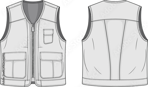 Utility vest flat sketch front and back, technical zipper design, flap pockets, detailed apparel drawing, sleeveless fashion template for outerwear