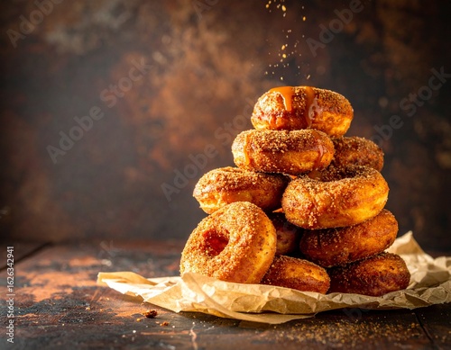 Pile of mini doughnuts with caramel drizzle and cinnamon sugar on crumpled parchment paper