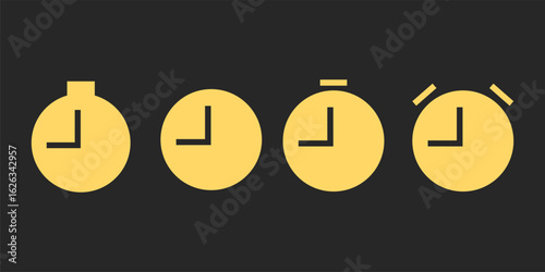 Different styles of clocks illustrating time progression in a minimalist design