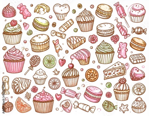 Seamless pattern with various cartoon desserts: cupcakes, ice cream, cakes, and fruits