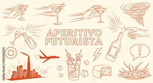 Aperitivo Futurista Vector Illustration Set. Orange Hand Drawn Sketch of Futurist Art Inspired Cocktail and Industry Elements for Bar, Menu, and Themed Design. Italian Art Movement Set.