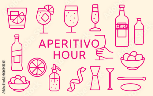 Aperitivo Hour Vector Icon Set. Pink Line Art of Italian Cocktails, Drinks, and Snacks. Minimalist Outline Bar and Menu Elements for Modern Happy Hour and Beverage Design Projects.