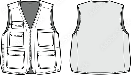 Utility vest technical flat sketch, front and back view, zipper closure, multiple flap pockets, fashion design template, apparel vector drawing