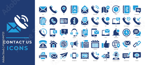 Contact Us icons set collection. Including phone, email, chat, location, and customer service tools. Ideal for websites, support pages, apps, and communication-related designs.