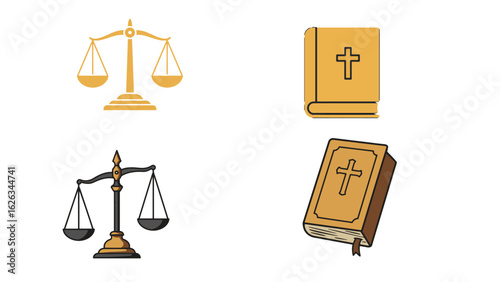 Law and Faith Vector Illustration – Justice Scale and Holy Bible with Cross Symbol