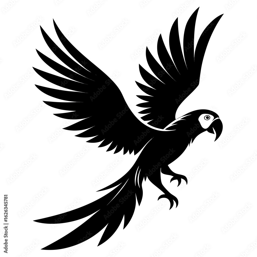 Obraz premium Macaw flying vector clean black silhouette design white background