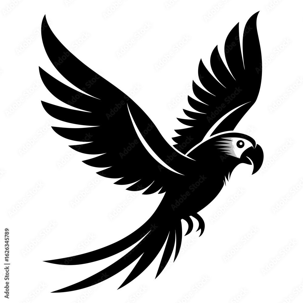 Fototapeta premium Macaw flying vector clean black silhouette design white background