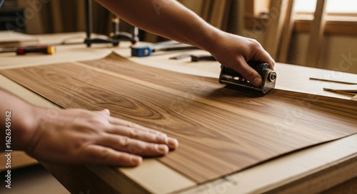 Wallpaper Mural Lay Up Preparation of Wood Grain Veneer, Carpenter Ensures Alignment and Bond Under Pressure Torontodigital.ca