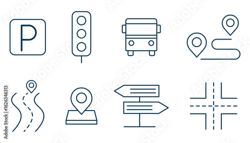 Set of traffic icons includes parking sign, traffic light, bus, location, road, sign, intersection. Traffic rules. Vector illustration on transparent background.