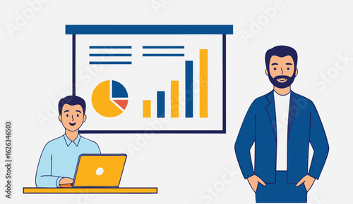 Business professionals collaborating and presenting financial data and charts during a meeting