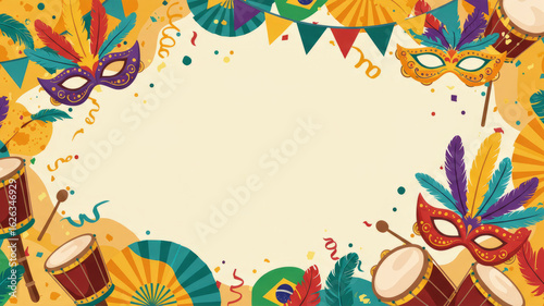 Colorful carnival celebration with masks and drums - festive background for poster or invitation