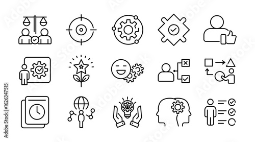 Soft skills linear icon set. Communication, teamwork, leadership, empathy, problem solving, time management, adaptability, creativity, and personal development vector icon set. UI thin line pack