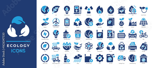 Ecology icons set collection. Featuring sustainability, renewable energy, recycling, and environmental protection. Great for green projects, nature apps, and eco-friendly campaigns.